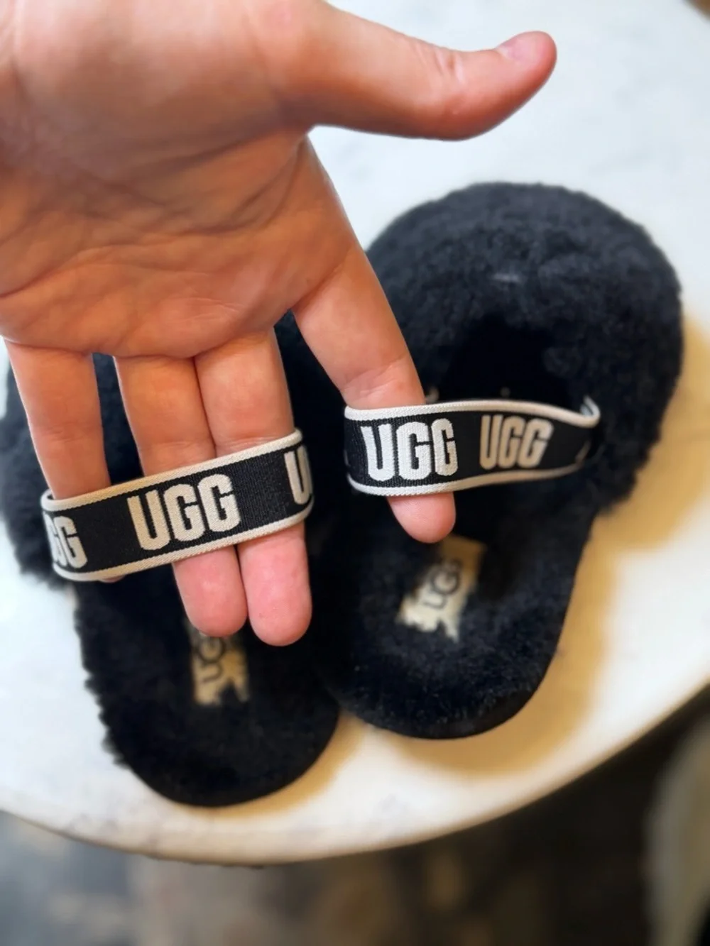 UGG Toddler Girls Size 11 Black Fuzzy Plush Slingback Slide Slippers